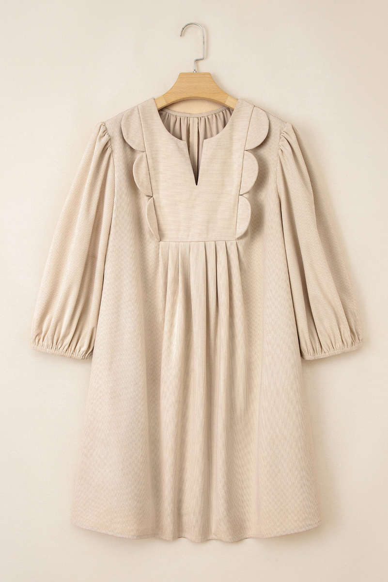 Parchment Notched Neck Scallop Detail Plus Size Mini Dress