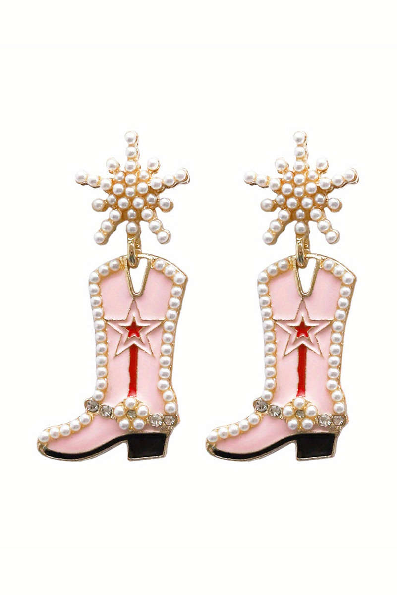 Strawberry Pink Pearl Decor Boots Shape Dangle Stud Earrings