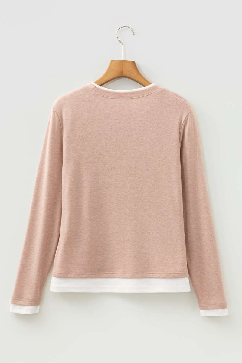 Smoke Gray False Two Piece Color Block Patchwork Long Sleeve Top