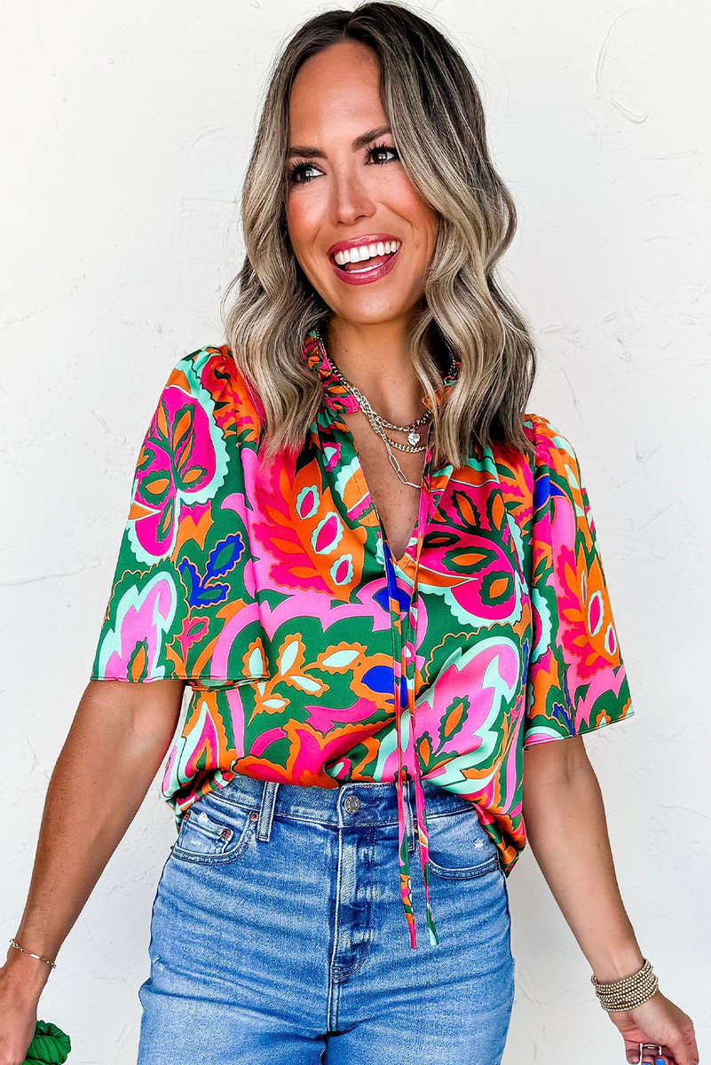 Rose Summer Plant Print Lace up V Neck Short Sleeve Blouse