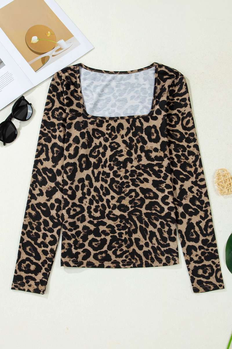 Brown Leopard Print Slim Long Sleeve T Shirt
