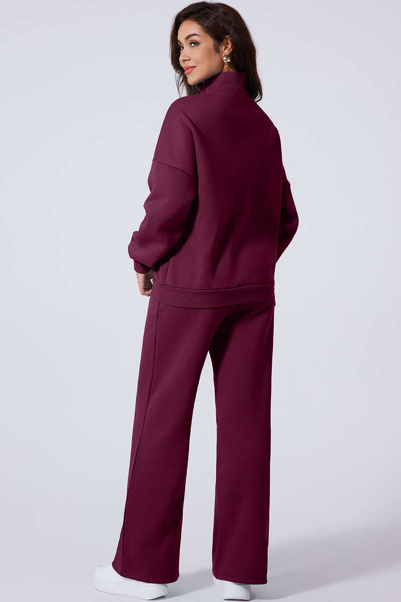 Burgundy Drop Shoulder Zip Up Jacket Drawstring Pants Active 2pcs Set