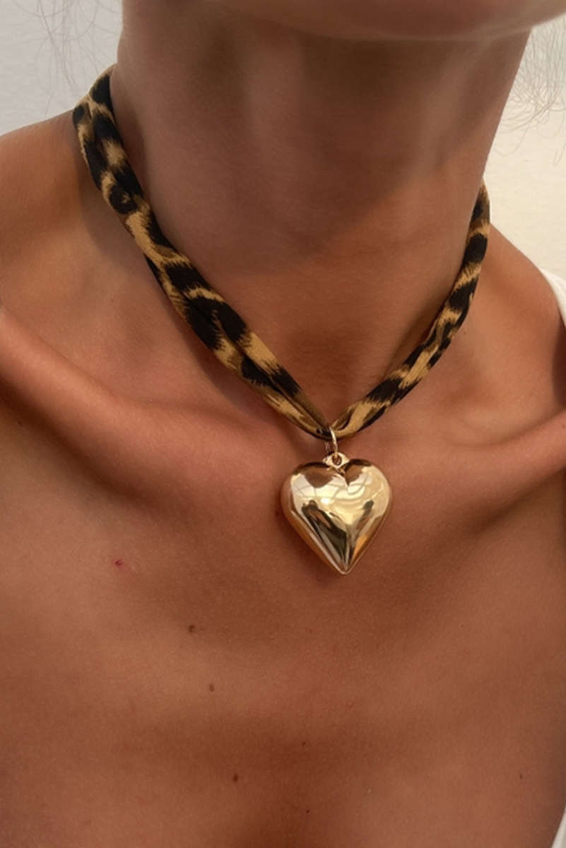 Gold Puffy Heart Charm Leopard Scarf Necklace