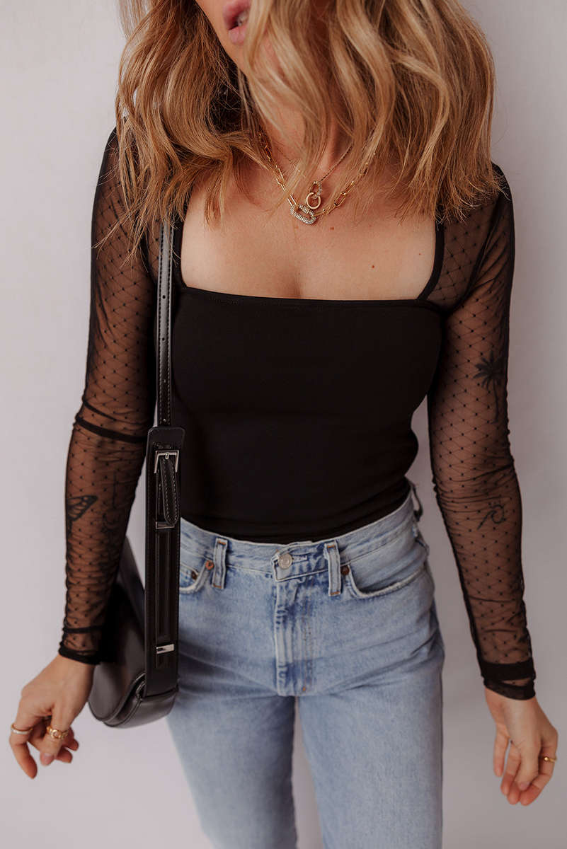 Black Polka Dot Mesh Long Sleeve Square Neck Bodysuit