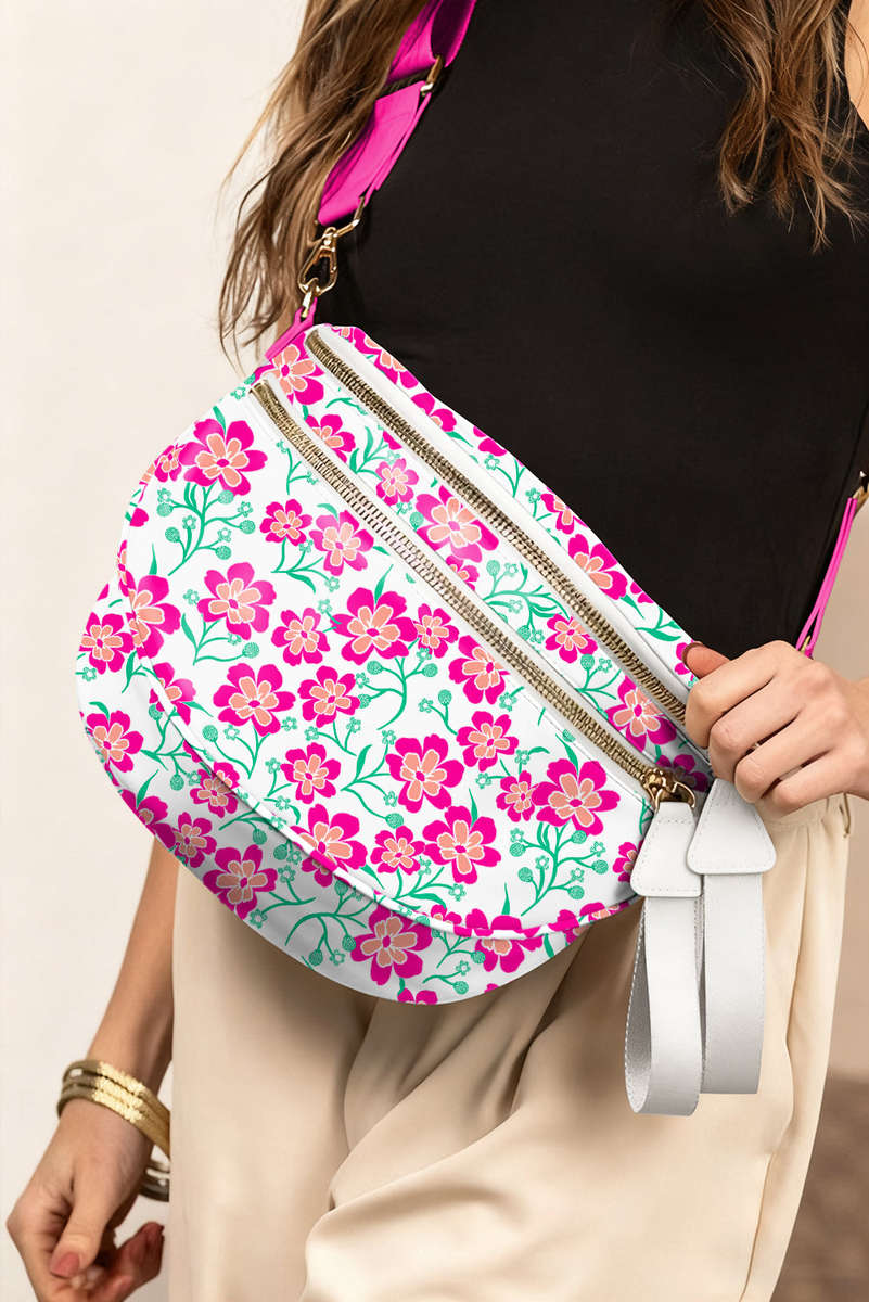 White Floral Printed Double Zip Crossbody Bag