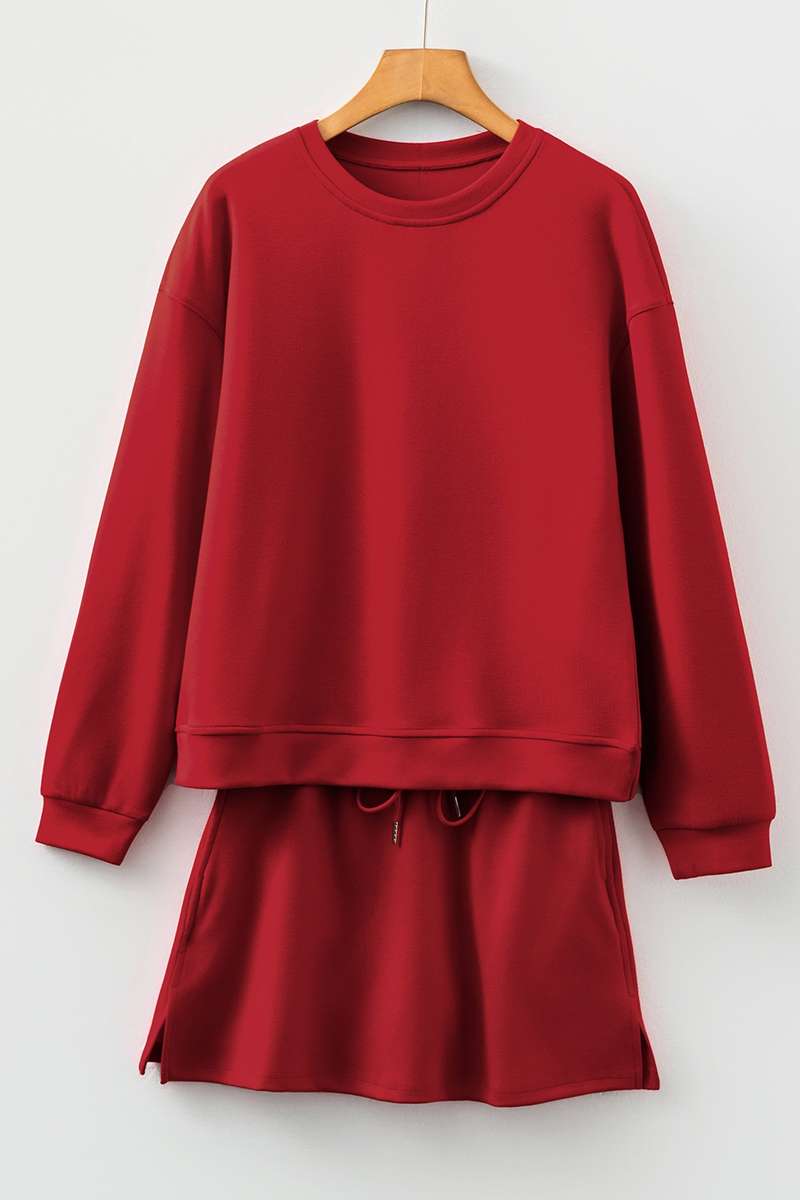 Racing Red Solid Color Drop Shoulder Pullover Drawstring Mini Skirt 2pcs Outfit