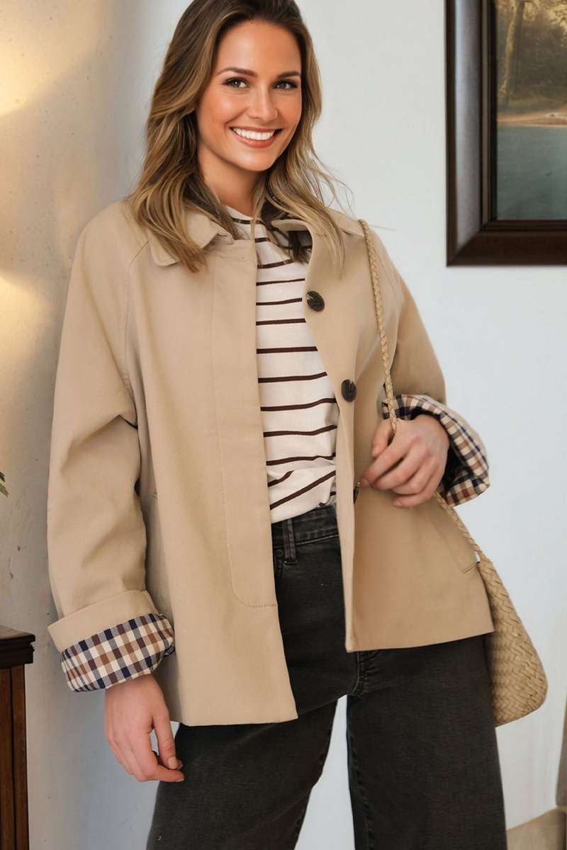 Parchment Plaid Liner Patchwork Single Breasted Trench Coat