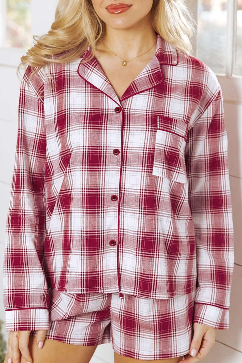 Red Retro Plaid Long Sleeve Shirt Drawstring Shorts 2pcs Lounge Set
