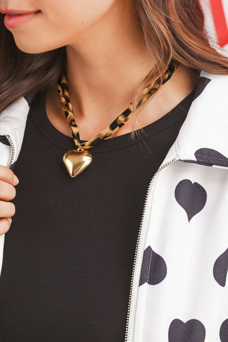 Gold Puffy Heart Charm Leopard Scarf Necklace