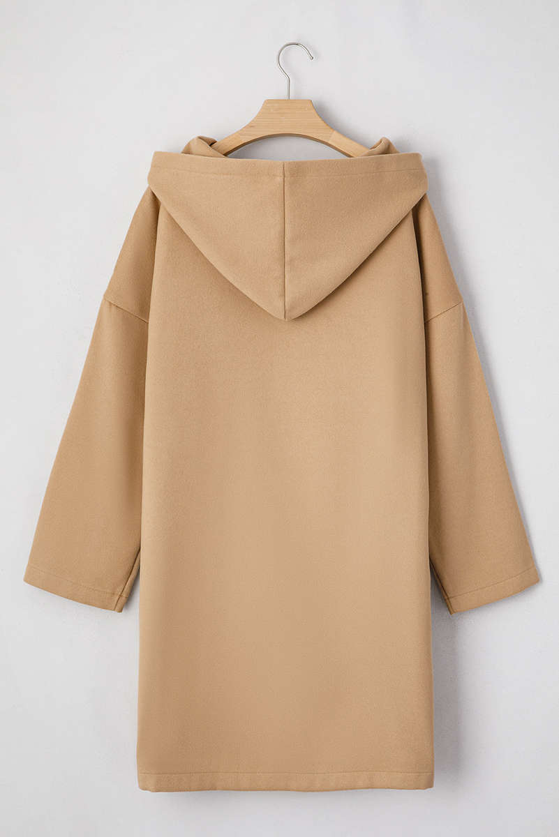 Light French Beige Solid Color Casual Zip up Hooded Coat