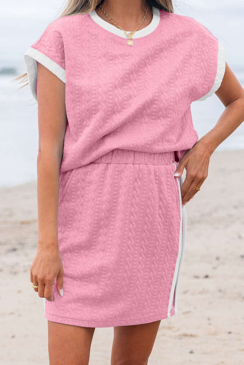 Pink Contrast Trim Textured Crewneck Tee and Pocketed Skirt Set