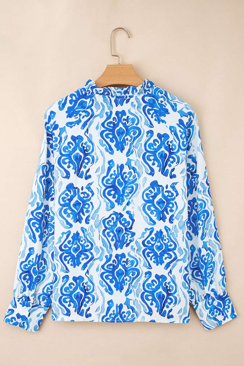 Sky Blue Ethnic Printed Tie Split Neck Button Front Puff Sleeve Shirt