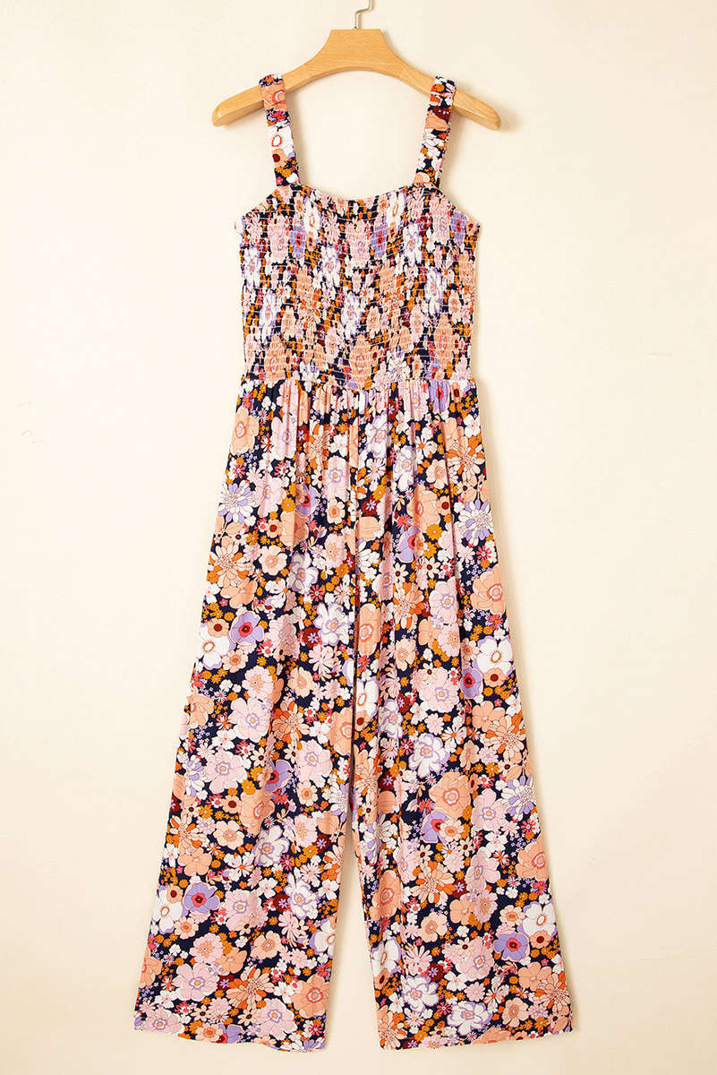 Black Floral Print Smocked High Waist Square Neck Jumpsuit