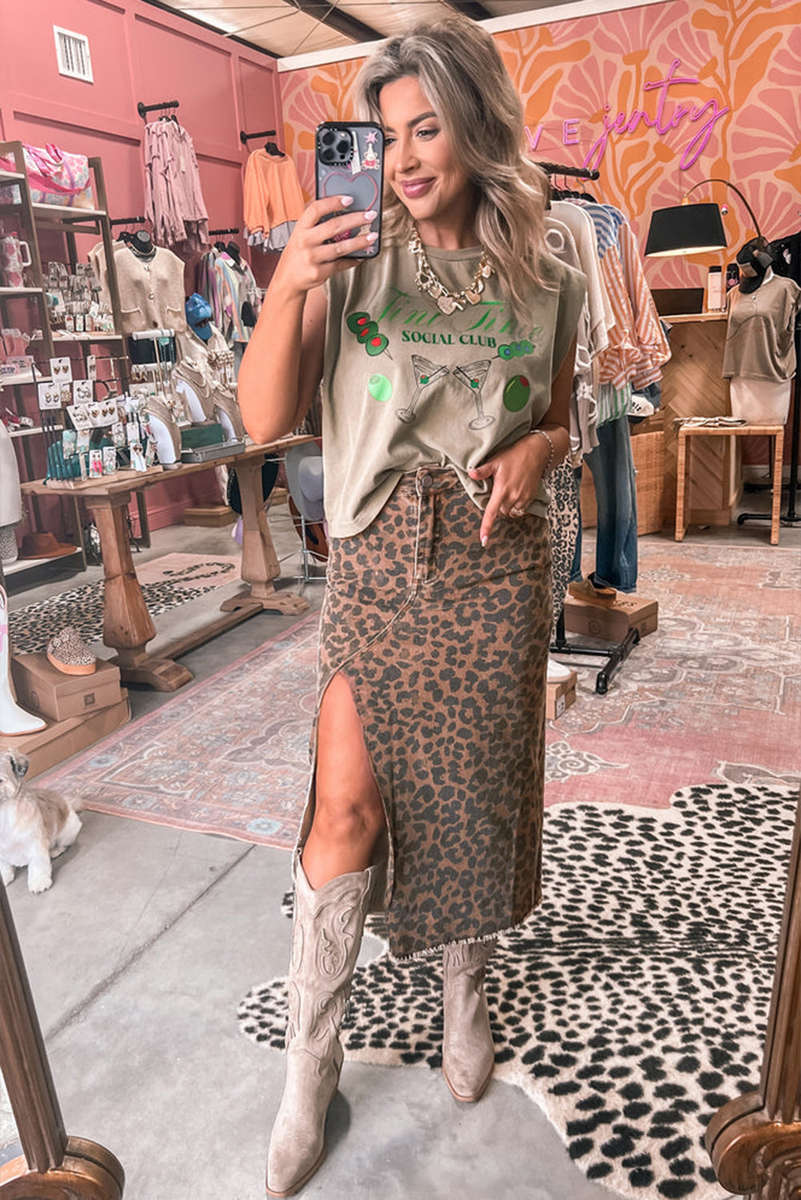 Brown Leopard Denim Frayed Split Denim Midi Skirt
