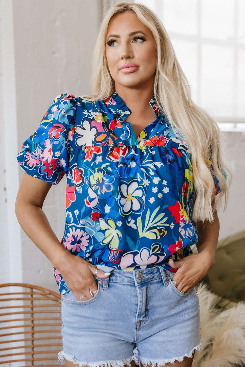 Blue Flower Print Collared V Neck Puff Short Sleeve Loose Blouse