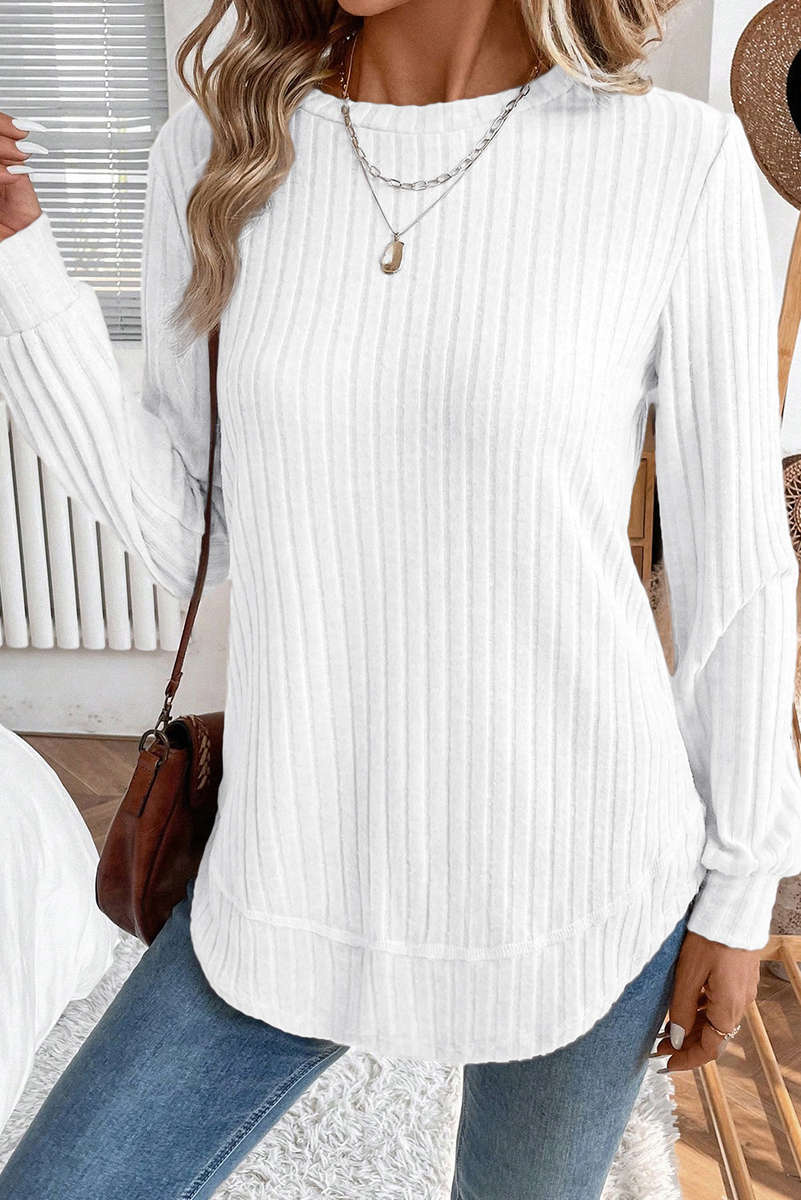 White Ribbed Texture Round Neck Long Sleeve Rounded Hem Knit Top