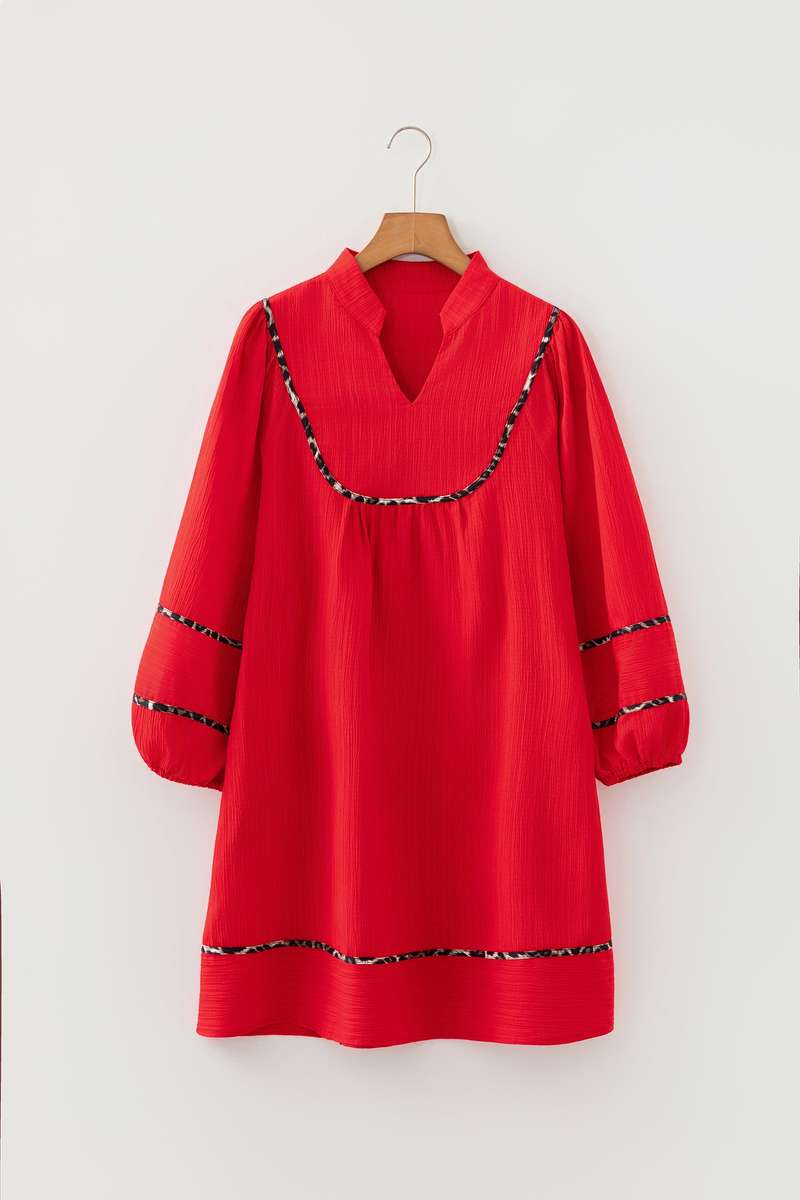 Fiery Red Textured V Neck Leopard Contrasted Trim Long Sleeve Shift Mini Dress