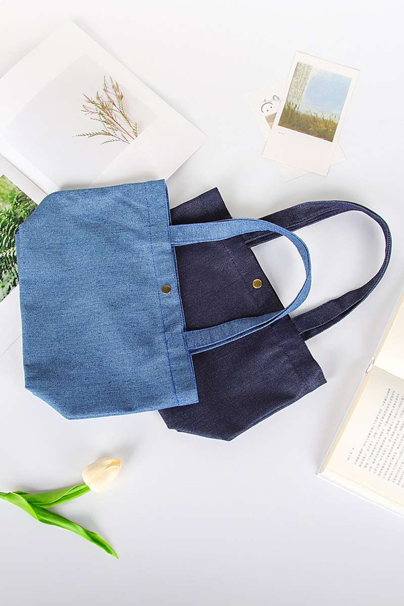 Navy Blue Vintage Denim Snap Button Tote Bag