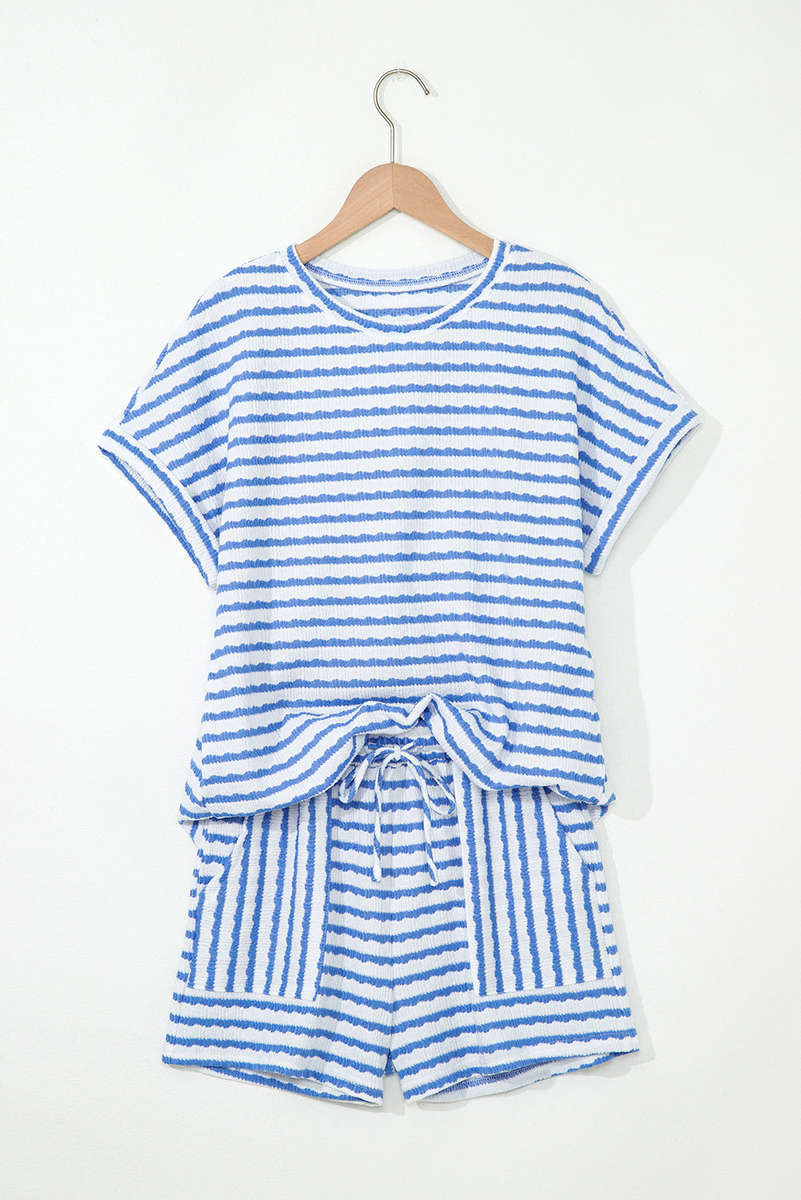 Sky Blue Stripe Knitted Short Sleeve Top and Drawstring Shorts Set