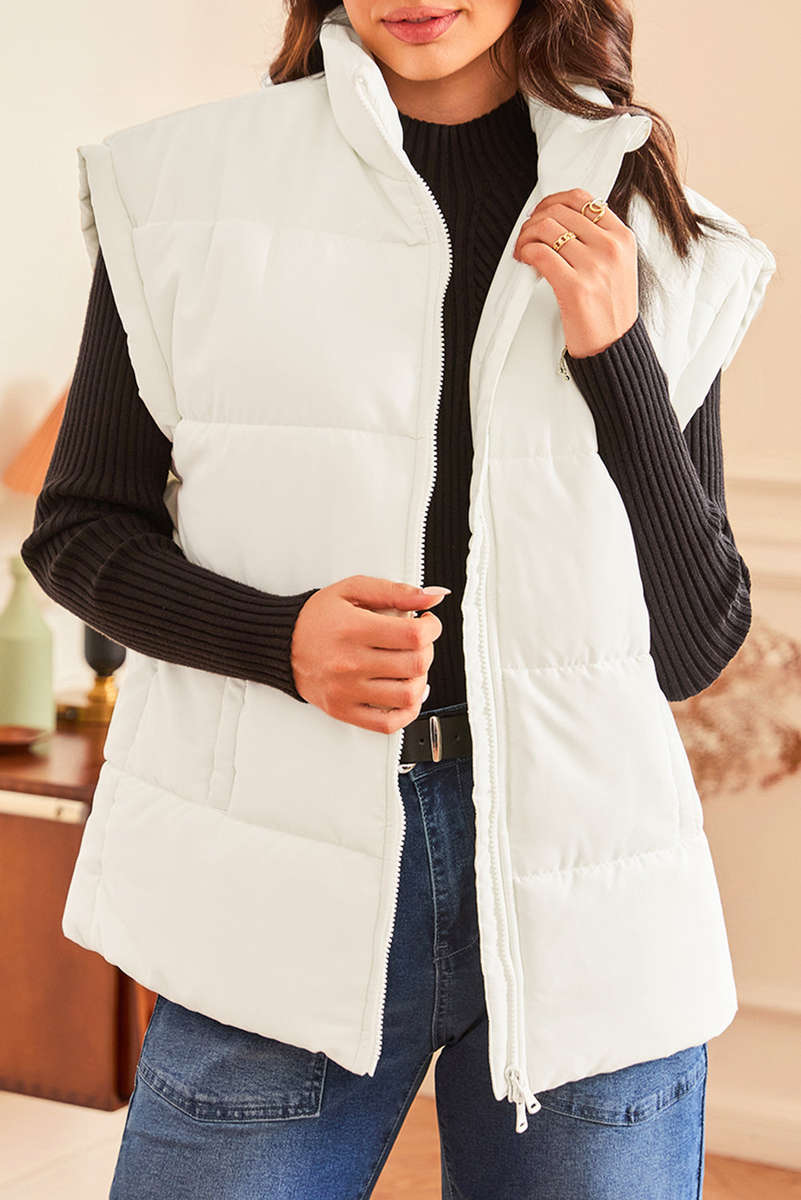Beige  Zipper Stand Neck Oversized Puffer Vest