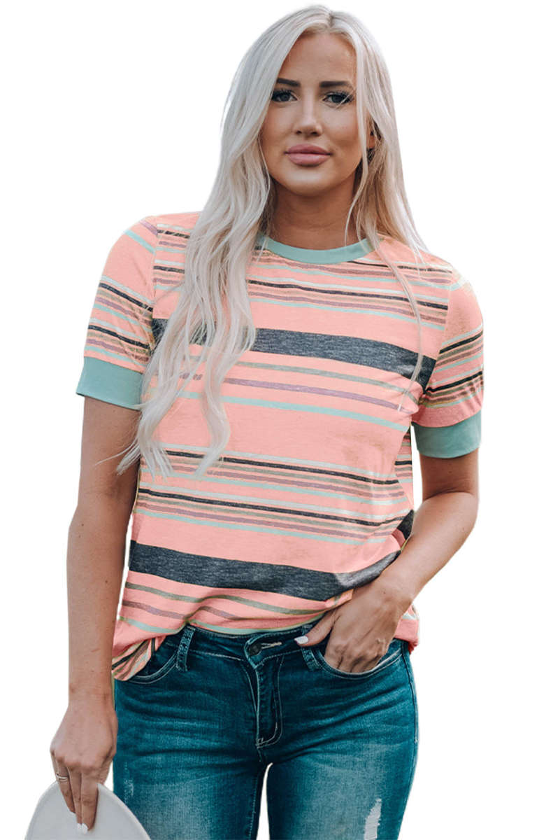 Pink Multicolor Stripes Crew Neck T Shirt