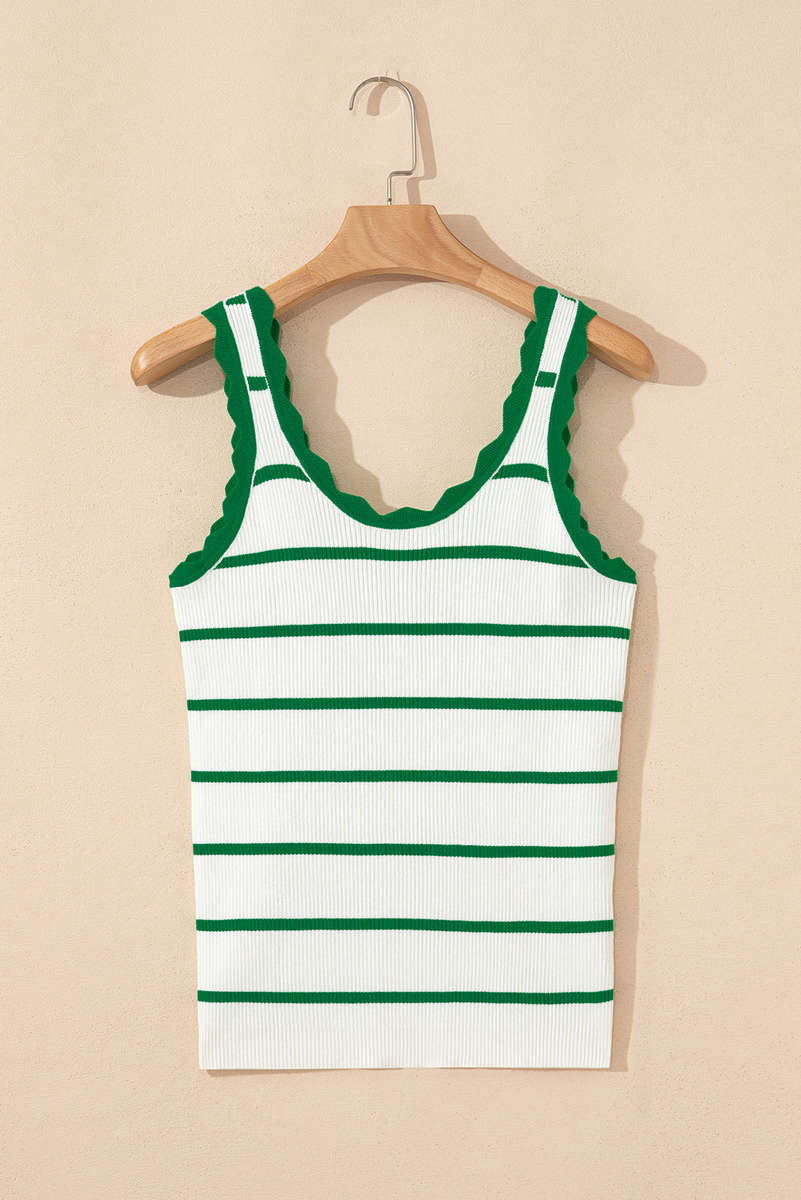 Bright Green Striped Scalloped Edge U Neck Sleeveless Sweater Vest