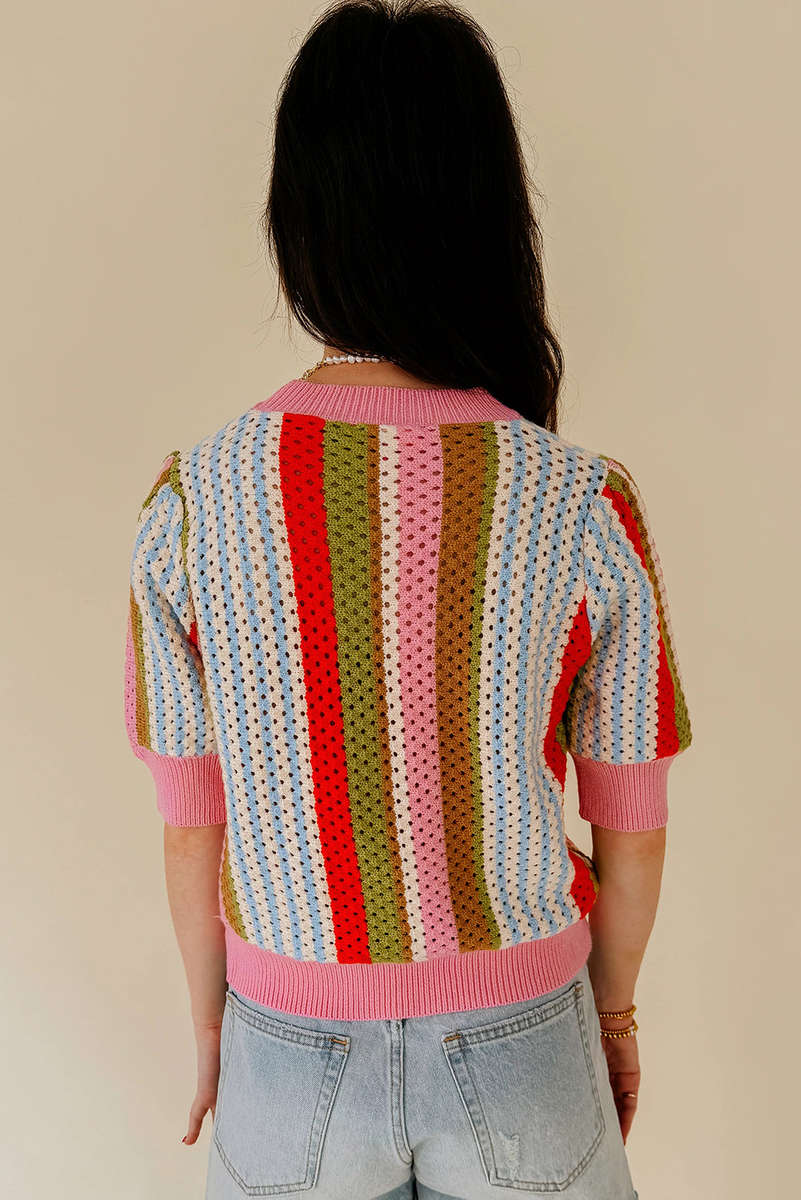 Multicolour Striped Pointelle Knit Short Sleeve Sweater