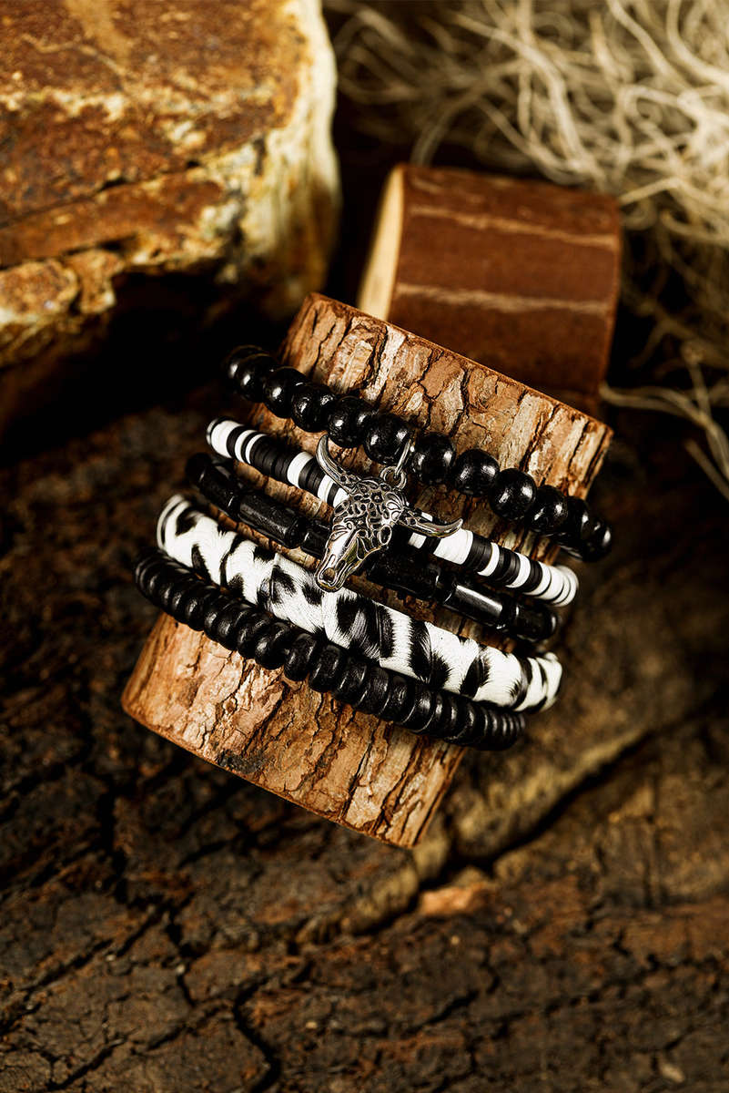 Color black Timber Beads Western Skull Head Charm 5pcs Bracelet Set