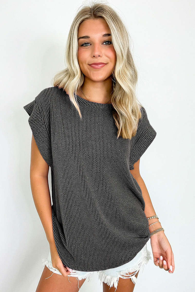Carbon Grey Twisted Rib Wide Sleeve Crew Neck T Shirt