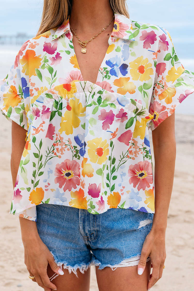 Yellow Floral Boxy Fit Ruffled Short Sleeve V Neck Blouse