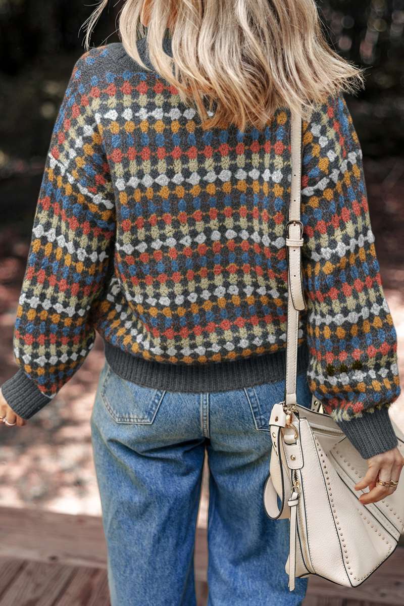 Gray Dotty Pattern Knit Button Front V Neck Sweater Cardigan