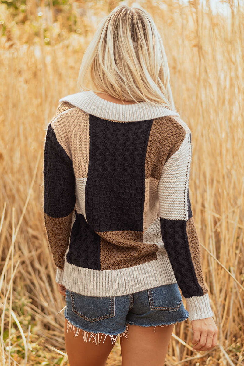 Multicolour Color Block Cable Knit Sleeve Buttons Collared Sweater