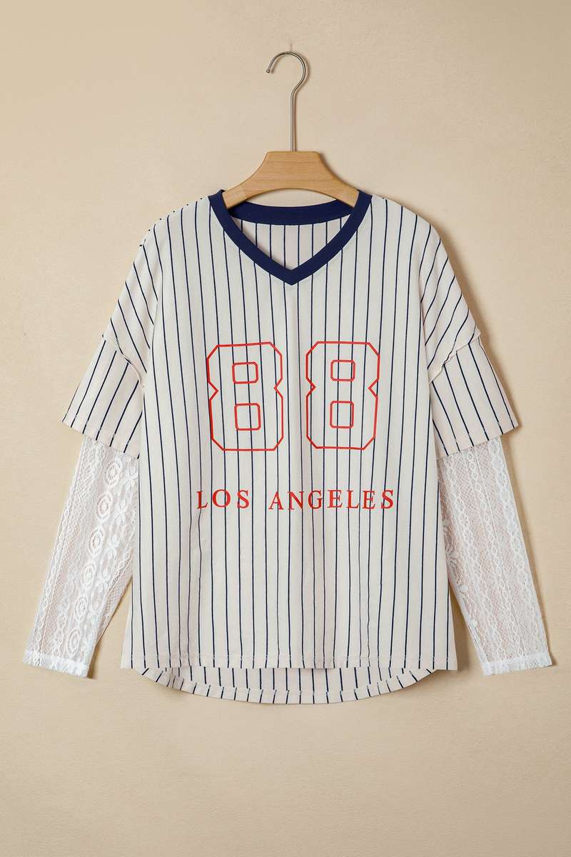 Blue Stripe 88 LOS ANGEL Graphic Lace Patchwork Faux Two Piece V Neck Top