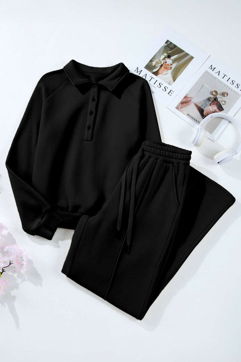 Black Solid Collared Sweatshirt and High Waist Pants Active Set
