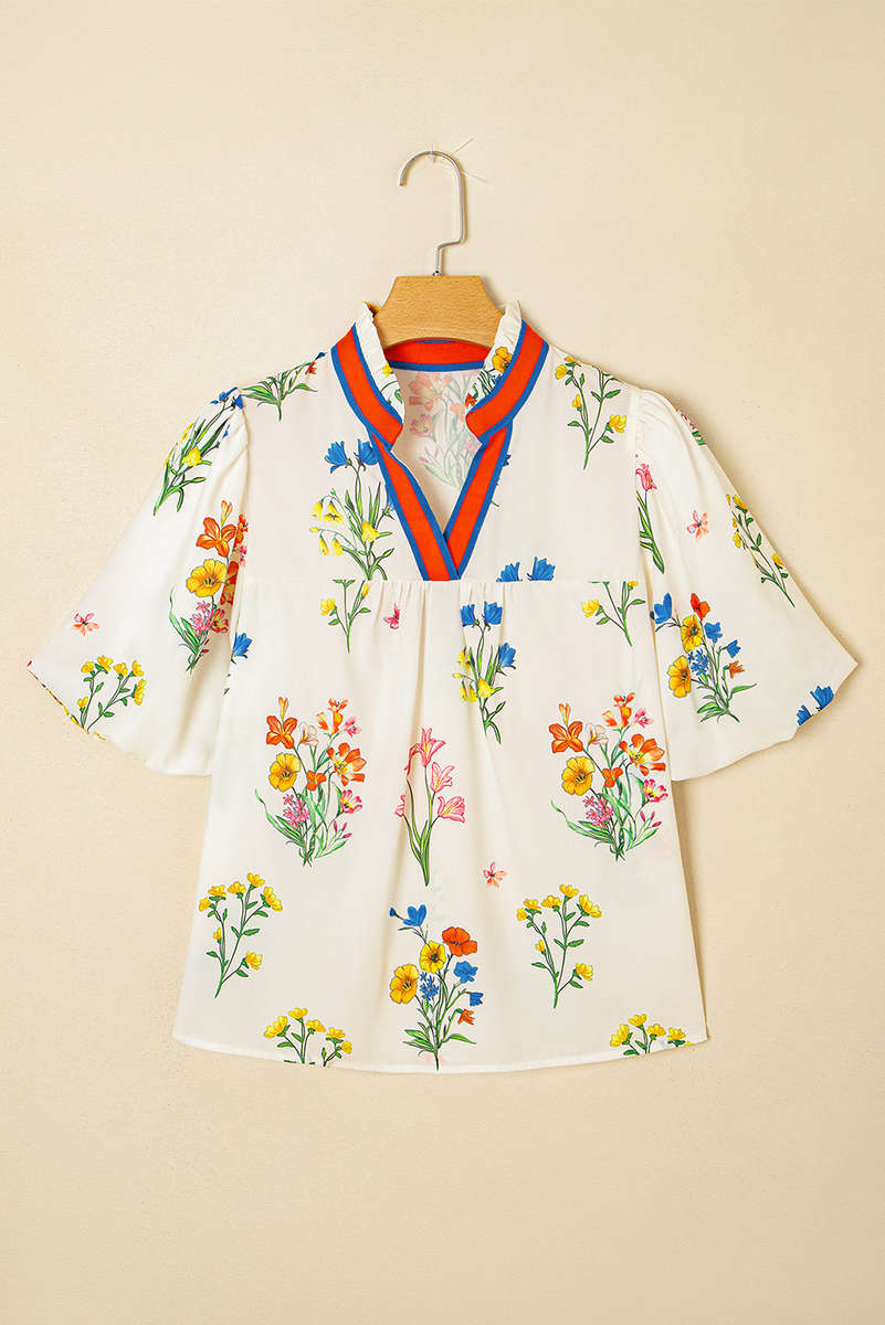 White Floral Short Puff Sleeve Contrast V Neck Print Blouse