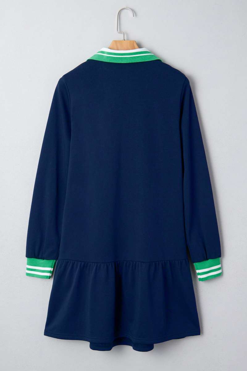 Navy Blue Contrast Striped Cuffs Polo Collar Patchwork Long Sleeve Ruffle Hem Mini Dress