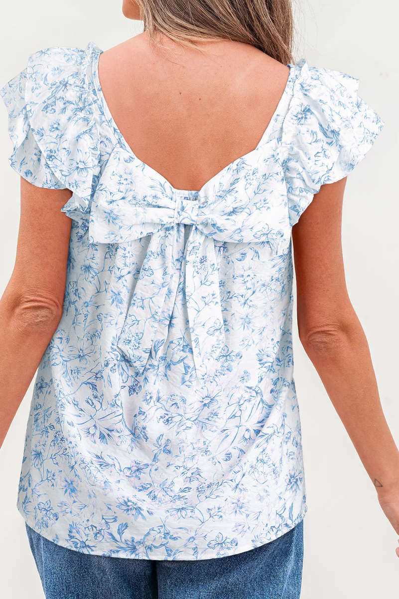 Sky Blue Floral Ruffled Short Sleeve Bow Back Square Neck Blouse