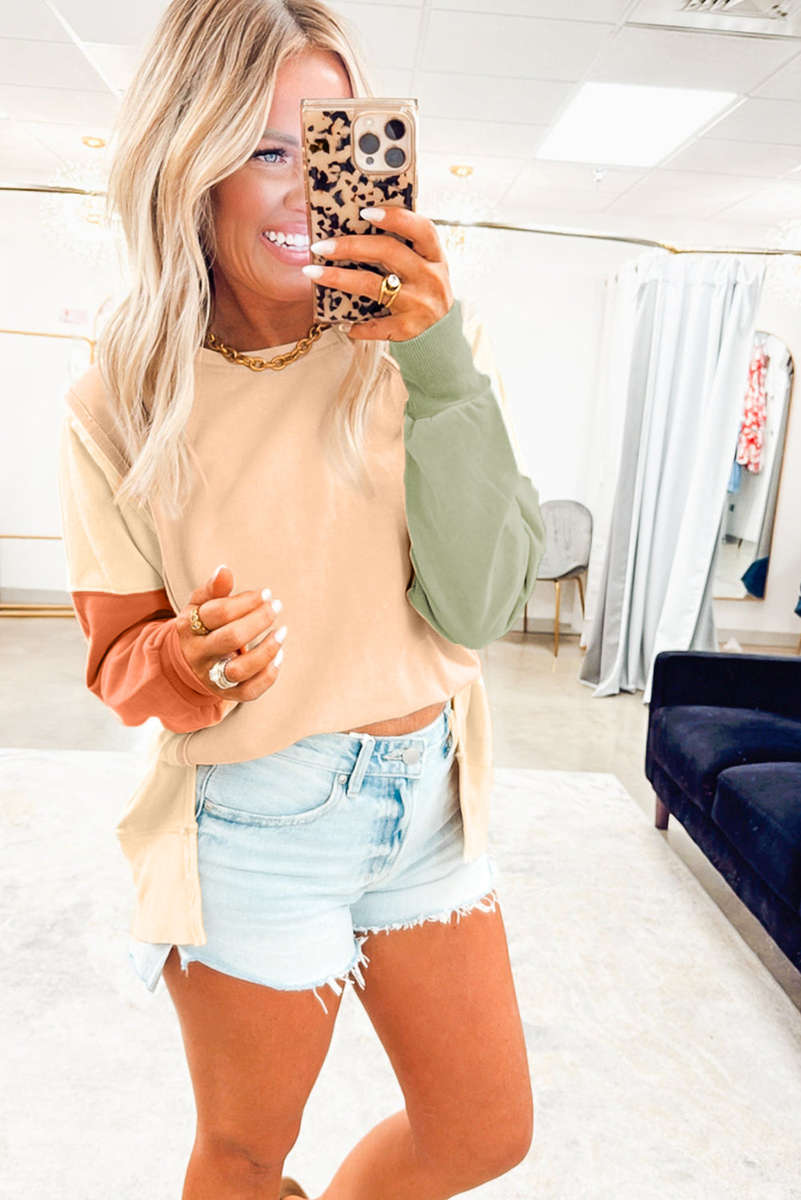 Beige Color Block Patchwork Split Hem Casual Sweatshirt