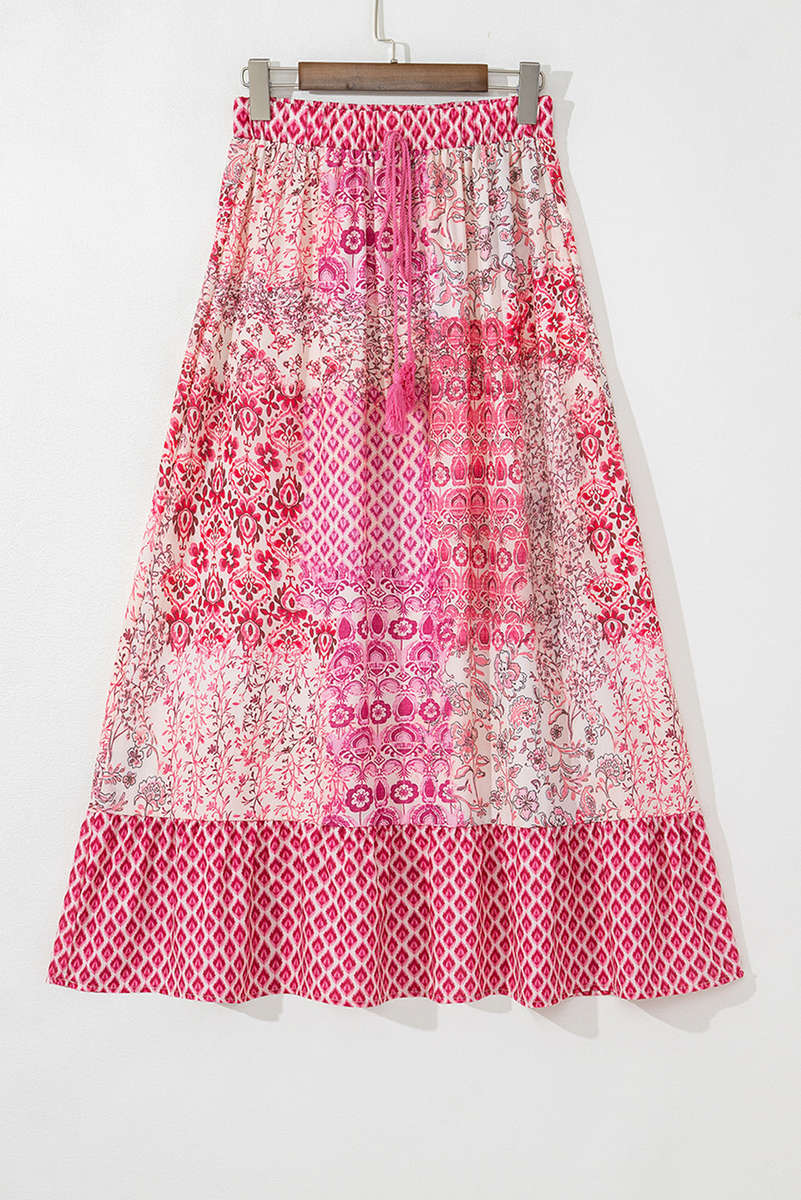 Red Boho Pattern Print Tassel Drawstring Elastic Waistband Maxi Skirt