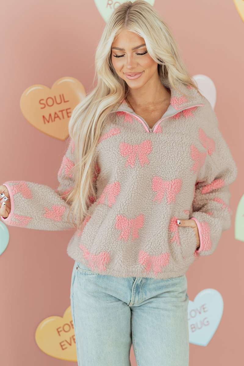 Gray Bow Sherpa Quarter Zip Drop Shoulder Baggy Sweatshirt
