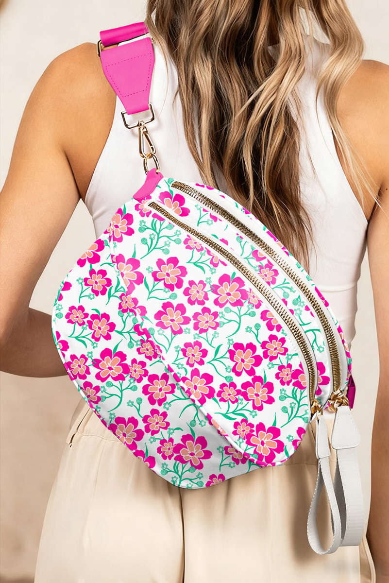 White Floral Printed Double Zip Crossbody Bag