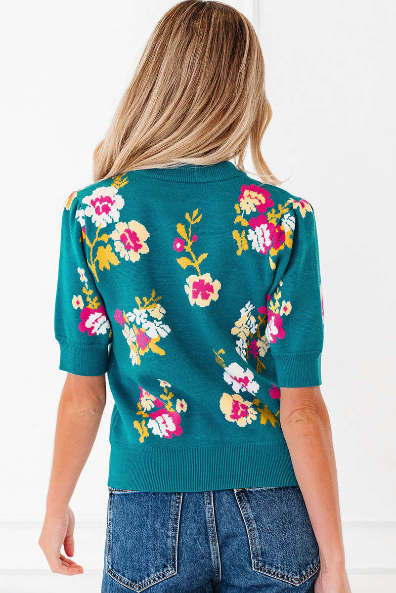 Blue Flower Pattern Mock Neck Short Sleeve Knitted T Shirt