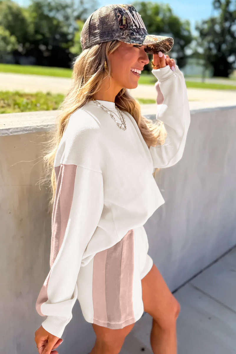 White Color Block Patchwork Drop Shoulder Pullover Casual Shorts 2pcs Outfit