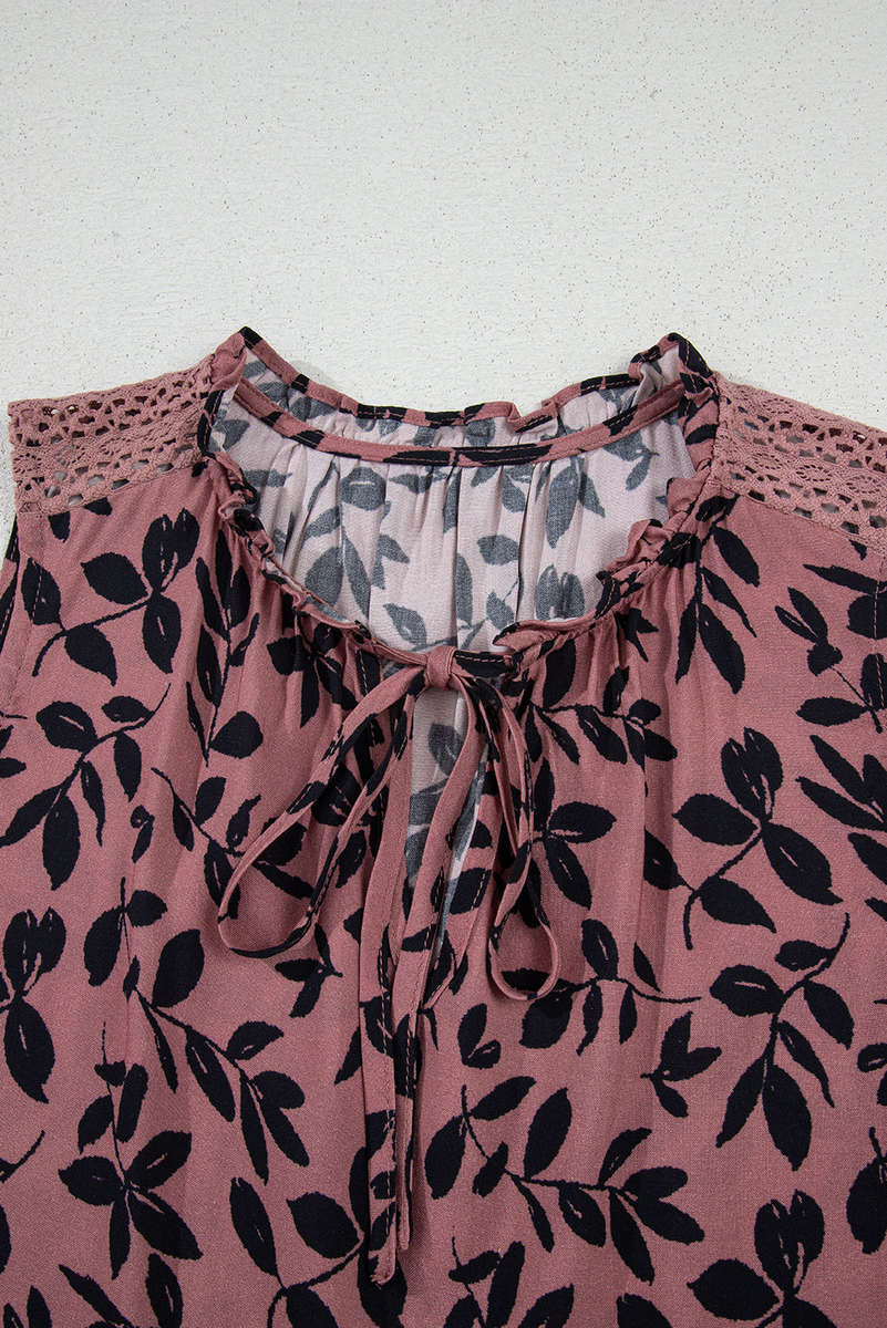 Brown Leaf Print Lace-up V Neck Crinckled Tank Top