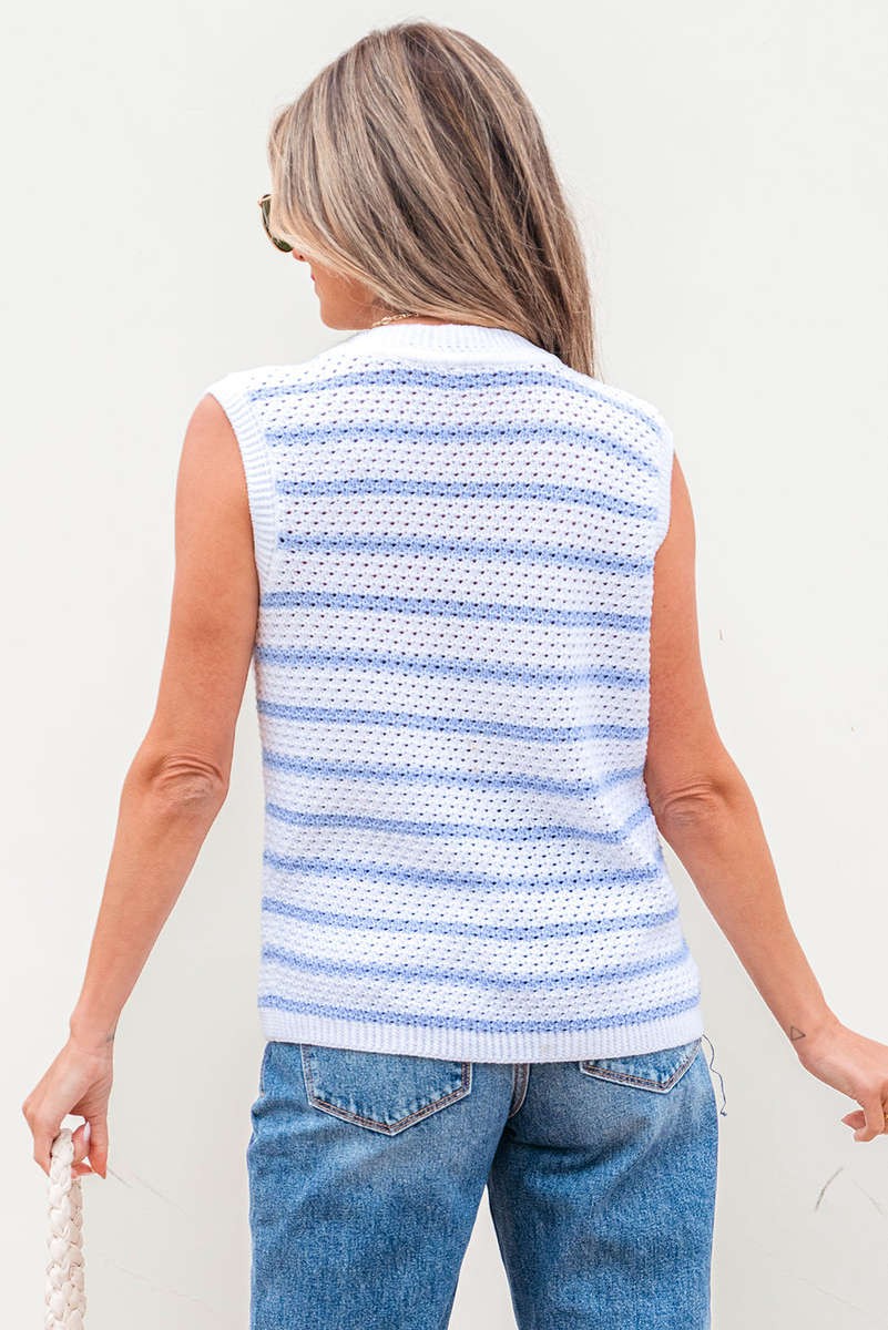 Sky Blue Stripe V Neck Gold Buttons Elegant Sweater Vest