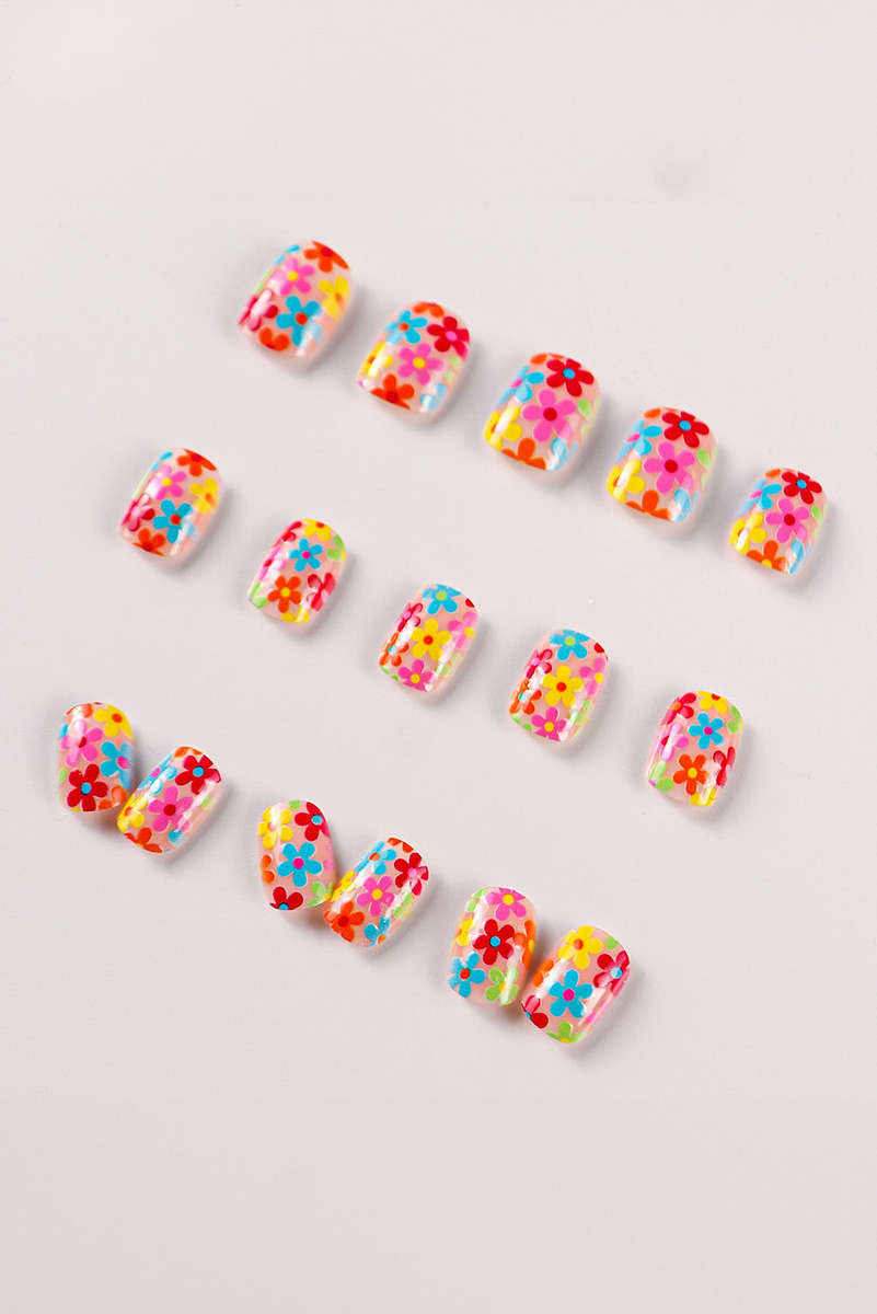Pink Cute Flowers Print Press On False Nails