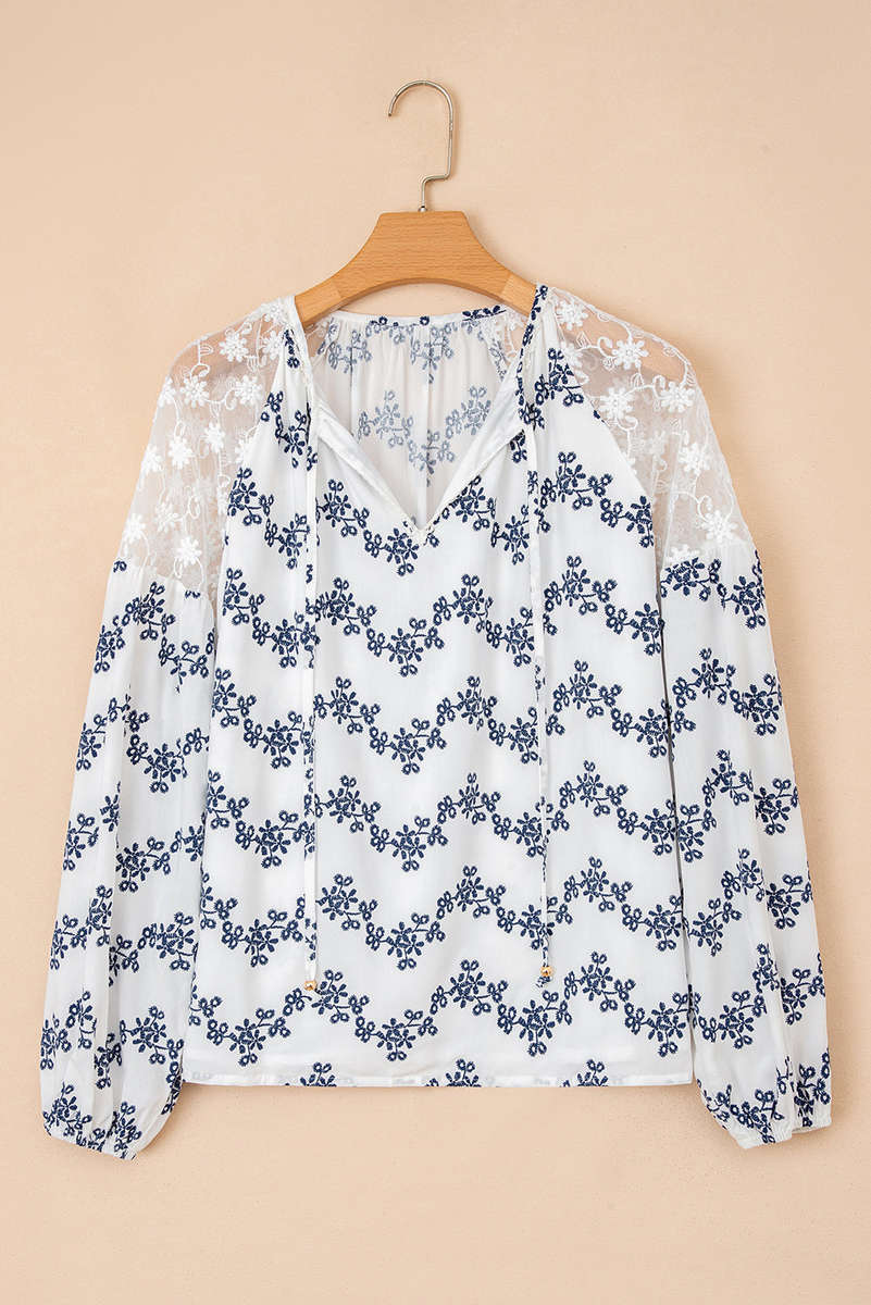 Blue Lace Patchwork Floral Bubble Sleeve V Split Neck Blouse