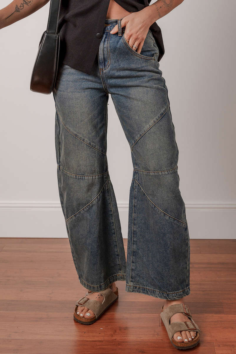 Sail Blue Exposed Stitching Loose Straight High Waist Jeans