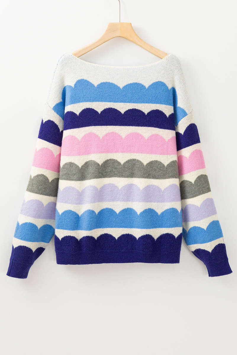 Dark Blue Wave Striped Balloon Sleeve Drop Shoulder Sweater