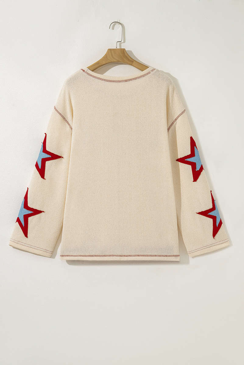 Beige USA Star Contrast Patchwork Exposed Seam Long Sleeve Top